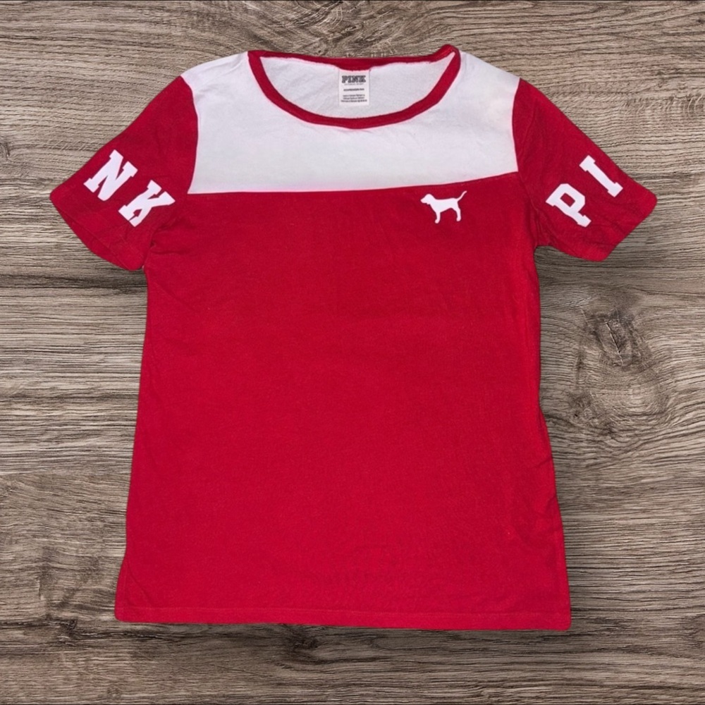 PINK Victoria's Secret XS Red and White Y2K Short Sleeve Logo Crew Neck Tee